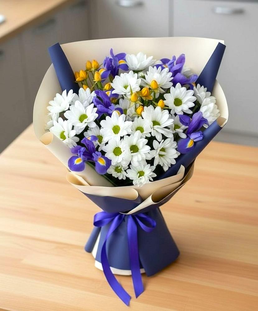 Букет цветов из: Розы, Ирисы и Хризантемы в Урожайном