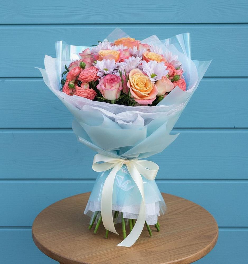 Букет цветов из: Хризантемы и Розы в Урожайном